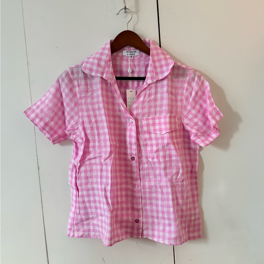 Frankie's Bikinis Pink Gingham Women's Button Down Shirt
